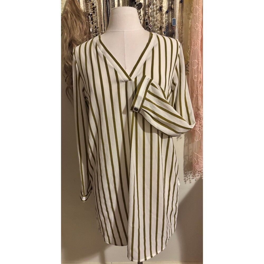 Forever 21 White & Olive Green Striped Mini Dress / Long Tunic